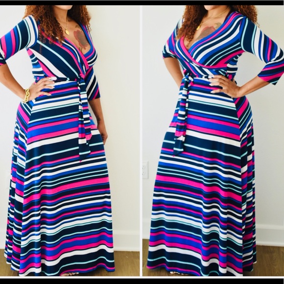 New Vibrant Striped Belted Faux Wrap Maxi Dress - Picture 1 of 1